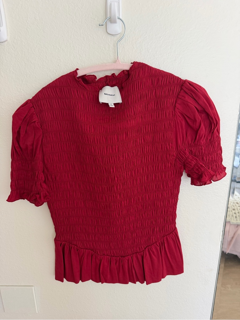 Reformation Crimson Smocked Peplum Puff Sleeve Top - worn once S
